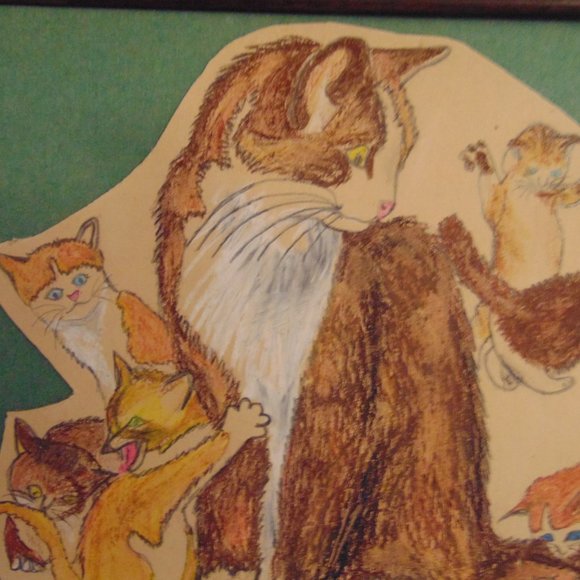 Mother Cat with Kittens, Original Pencil Sketch with Oil Pastels, 11.38x9.38 - Picture 3 of 8